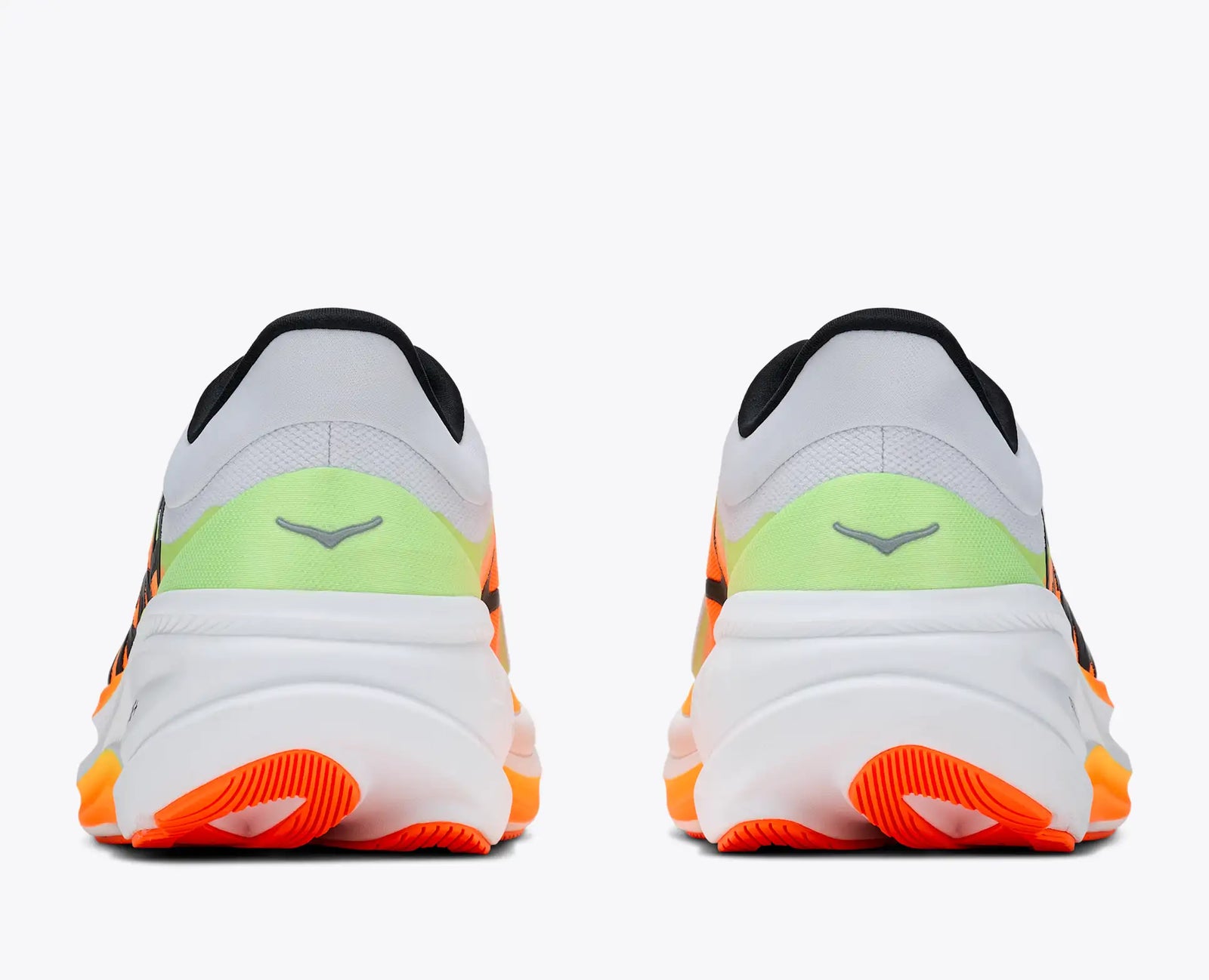 hoka clifton pro mens, responsive soft cushioned daily running shoe for faster paces, white shoe with neon orange and yellow details and black hoka logo, heel of shoes