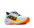 hoka clifton pro mens, responsive soft cushioned daily running shoe for faster paces, white shoe with neon orange and yellow details and black hoka logo, side angle of shoes
