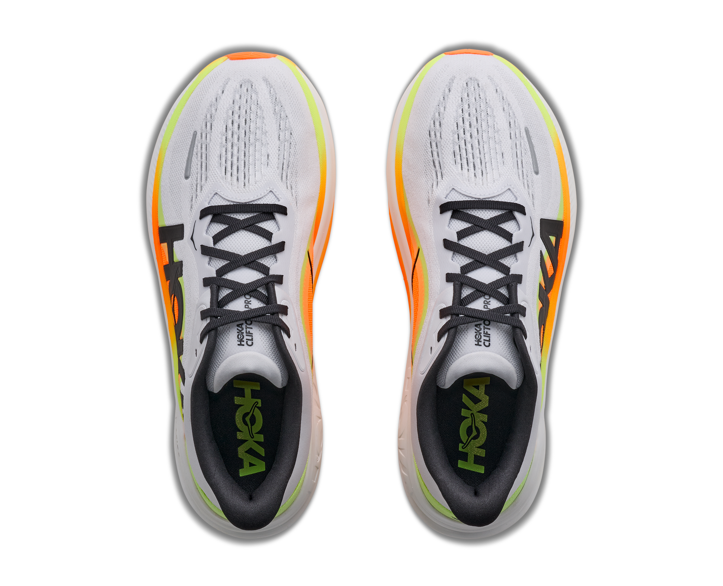 hoka clifton pro mens, responsive soft cushioned daily running shoe for faster paces, white shoe with neon orange and yellow details and black hoka logo, top of shoes