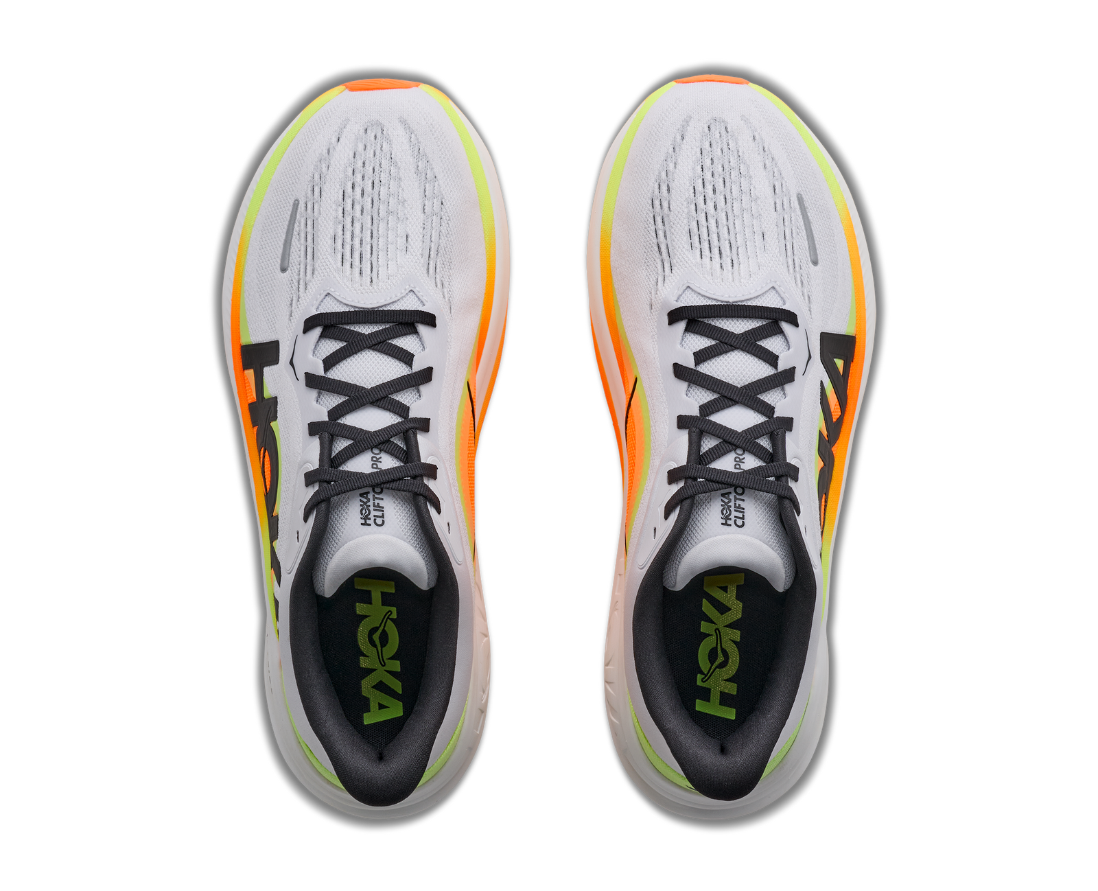 hoka clifton pro mens, responsive soft cushioned daily running shoe for faster paces, white shoe with neon orange and yellow details and black hoka logo, top of shoes