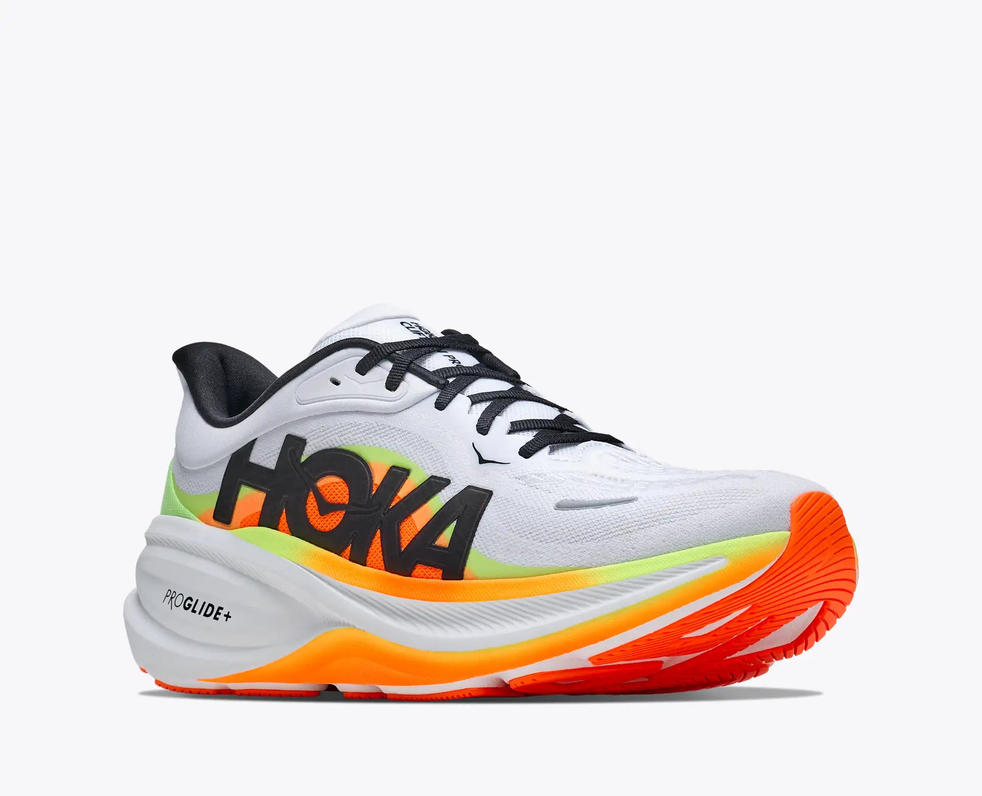 hoka clifton pro mens, responsive soft cushioned daily running shoe for faster paces, white shoe with neon orange and yellow details and black hoka logo, side profile angle of shoe