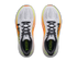 hoka clifton pro mens, responsive soft cushioned daily running shoe for faster paces, white shoe with neon orange and yellow details and black hoka logo, top of shoes