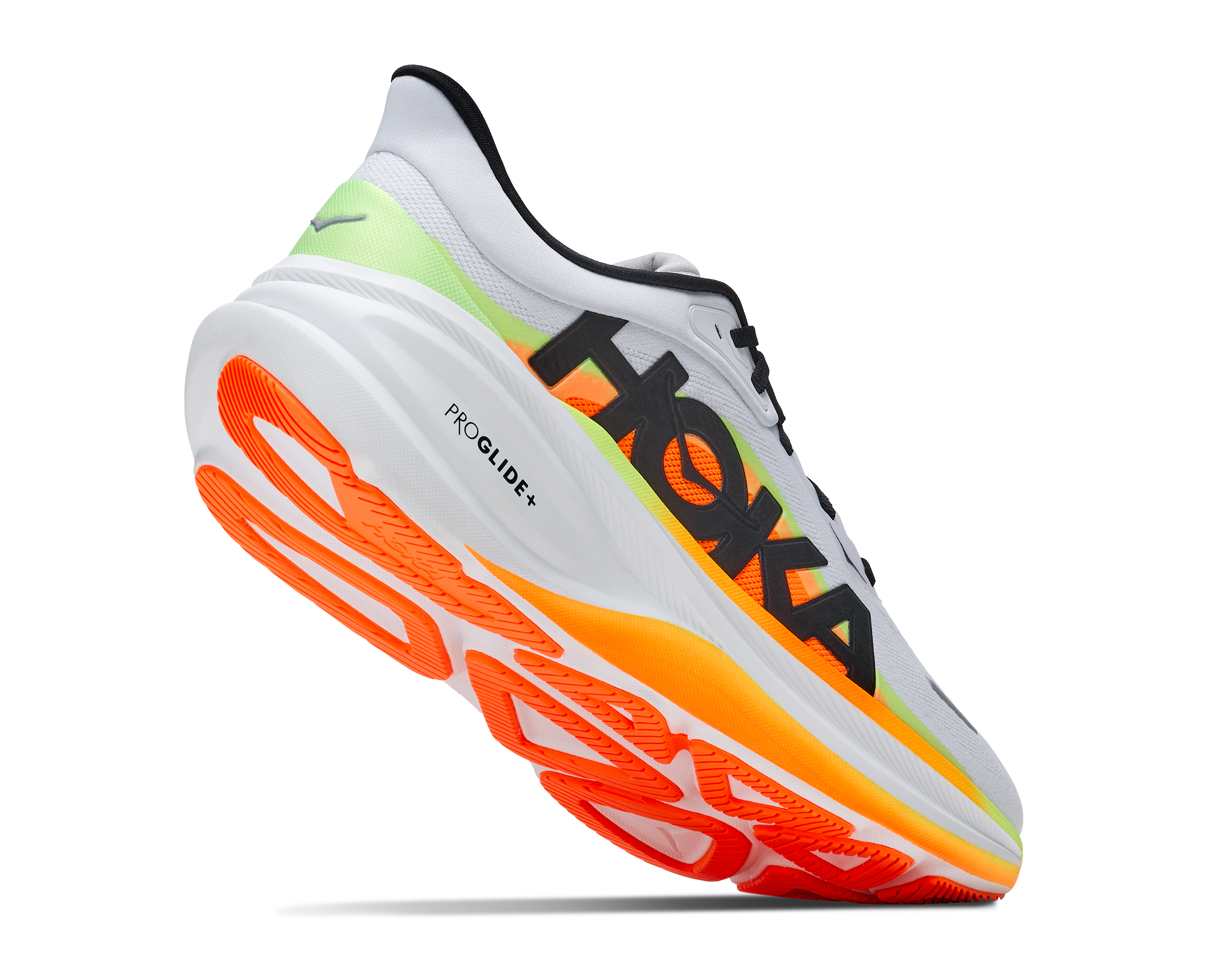 hoka clifton pro mens, responsive soft cushioned daily running shoe for faster paces, white shoe with neon orange and yellow details and black hoka logo, lifted heel showing sole of shoe