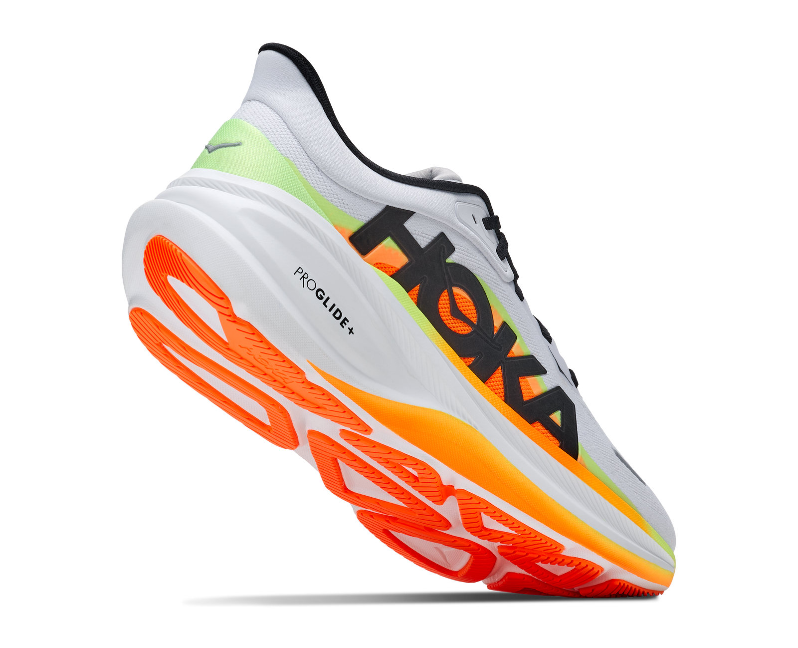 hoka clifton pro mens, responsive soft cushioned daily running shoe for faster paces, white shoe with neon orange and yellow details and black hoka logo, lifted heel showing sole of shoe