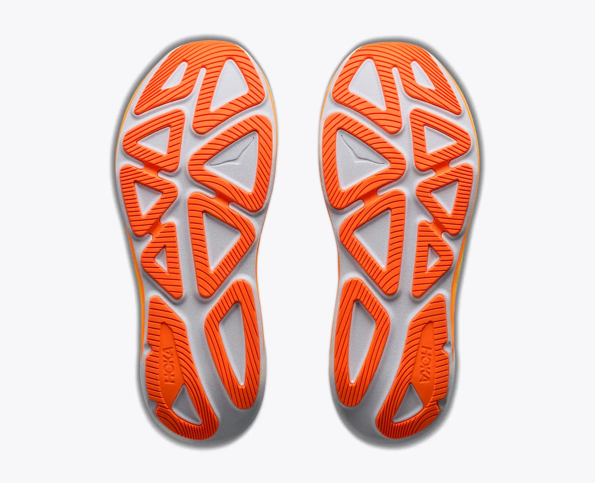 hoka clifton pro mens, responsive soft cushioned daily running shoe for faster paces, white shoe with neon orange and yellow details and black hoka logo, sole of shoes
