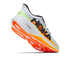 hoka clifton pro mens, responsive soft cushioned daily running shoe for faster paces, white shoe with neon orange and yellow details and black hoka logo, lifted heel showing sole of shoe