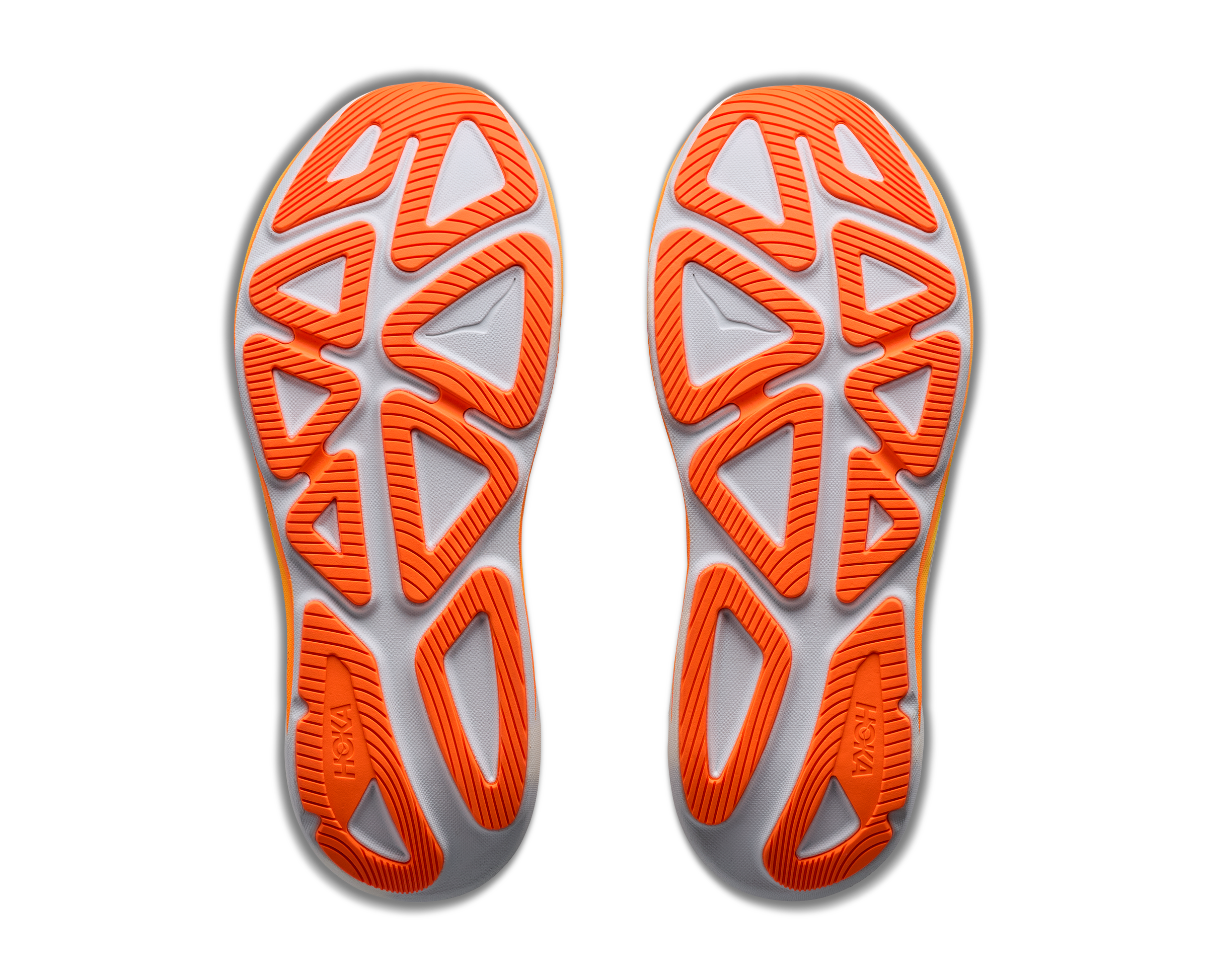 hoka clifton pro mens, responsive soft cushioned daily running shoe for faster paces, white and orange sole of shoe