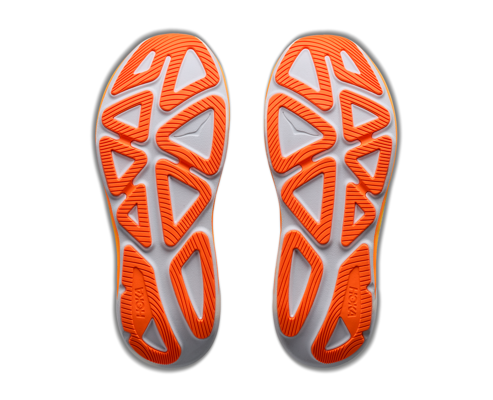 hoka clifton pro mens, responsive soft cushioned daily running shoe for faster paces, white and orange sole of shoe