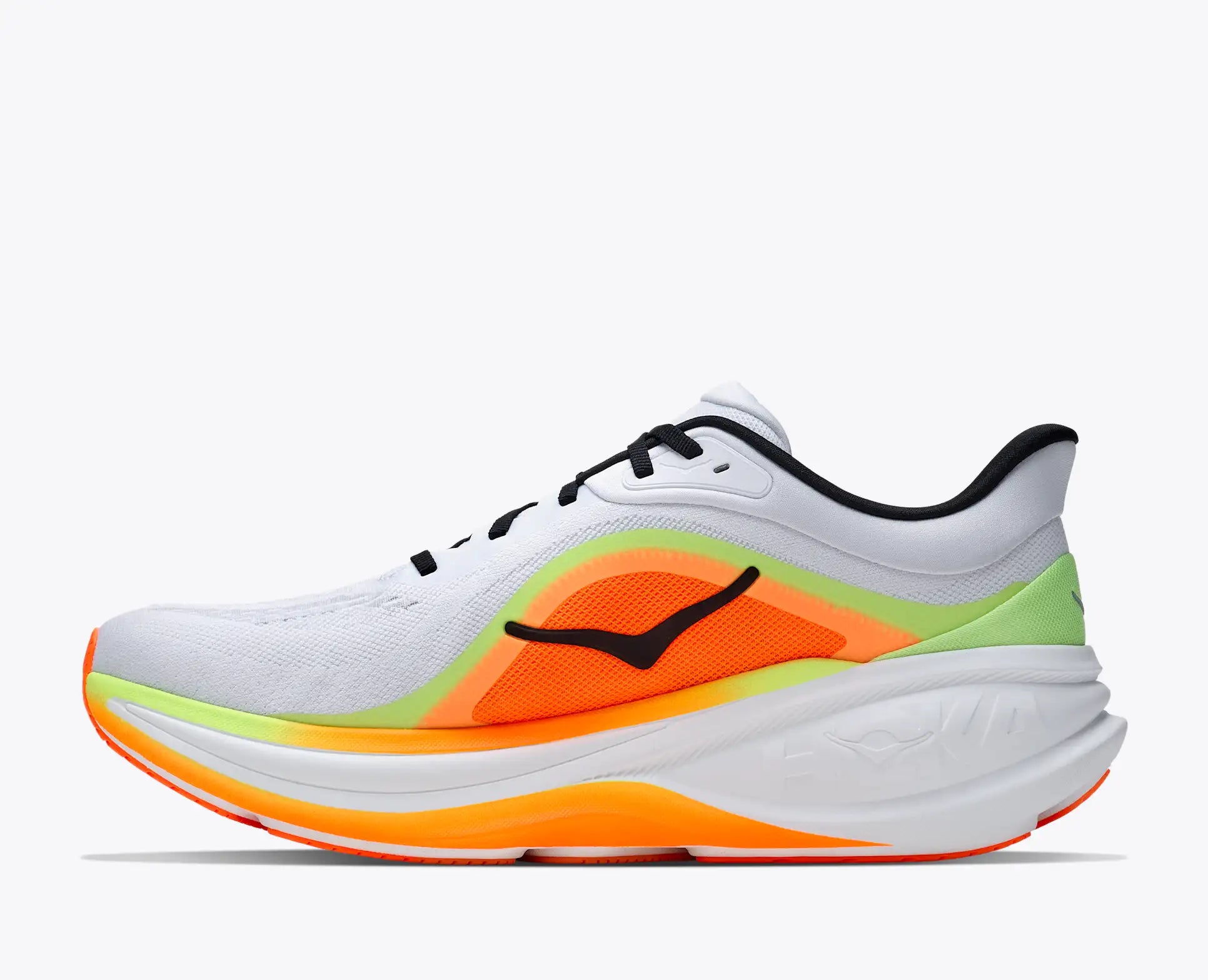 hoka clifton pro mens, responsive soft cushioned daily running shoe for faster paces, white shoe with neon orange and yellow details and black hoka logo, inside profile of shoe