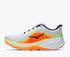 hoka clifton pro mens, responsive soft cushioned daily running shoe for faster paces, white shoe with neon orange and yellow details and black hoka logo, inside profile of shoe