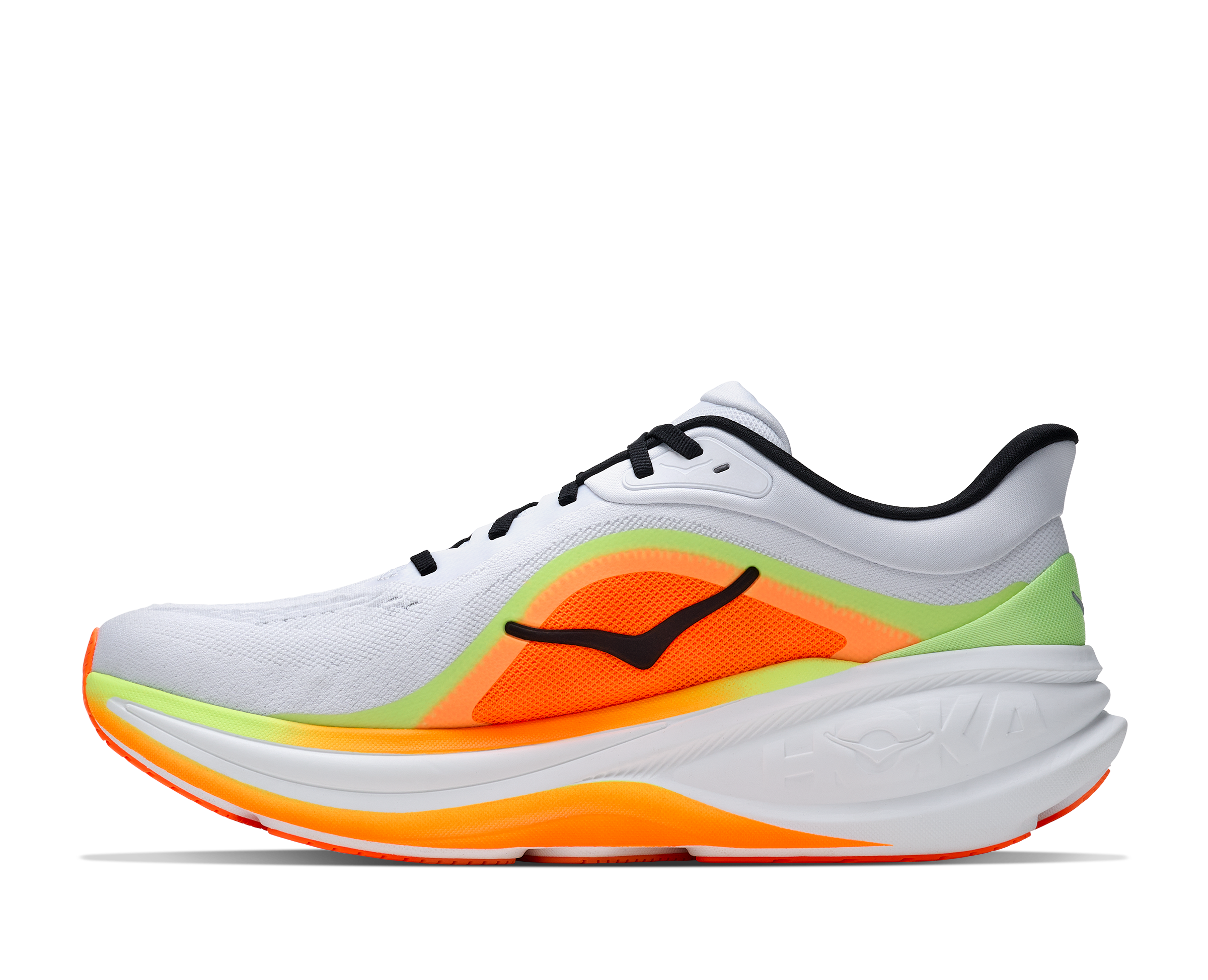 hoka clifton pro mens, responsive soft cushioned daily running shoe for faster paces, white shoe with neon orange and yellow details and black hoka logo, inside profile of shoe