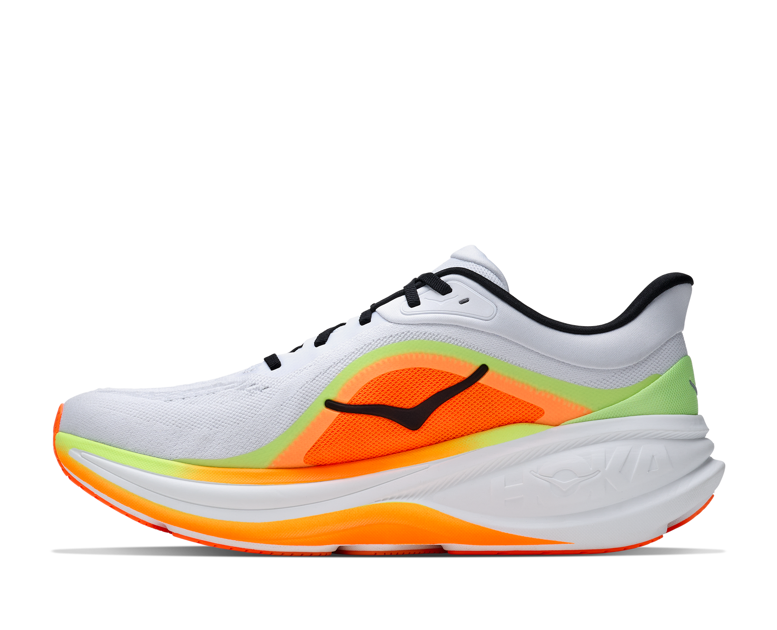 hoka clifton pro mens, responsive soft cushioned daily running shoe for faster paces, white shoe with neon orange and yellow details and black hoka logo, inside profile of shoe