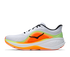 hoka clifton pro mens, responsive soft cushioned daily running shoe for faster paces, white shoe with neon orange and yellow details and black hoka logo, inside profile of shoe