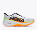 hoka clifton pro mens, responsive soft cushioned daily running shoe for faster paces, white shoe with neon orange and yellow details and black hoka logo, side profile of shoe