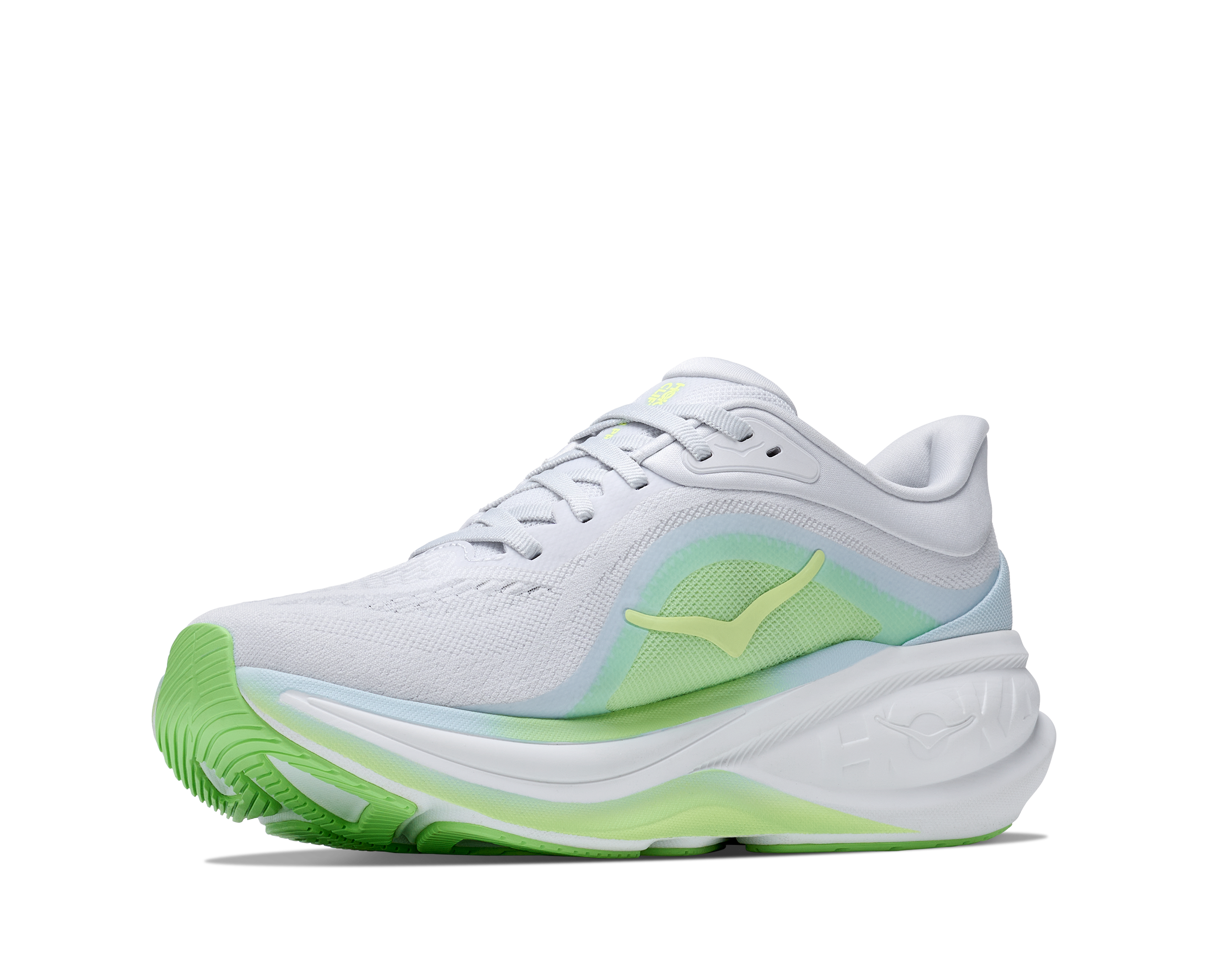 hoka clifton pro womens, fast lightweight cushioned road runing shoe, light blue and white with lime green details, inside angled profile of shoe