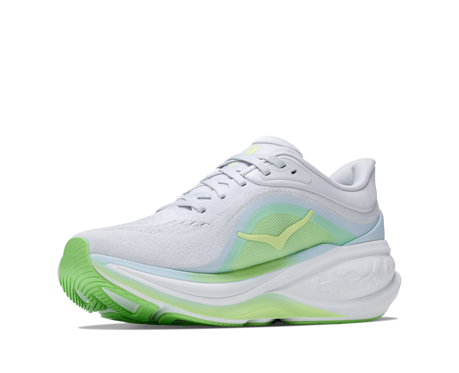hoka clifton pro womens, fast lightweight cushioned road runing shoe, light blue and white with lime green details, inside angled profile of shoe