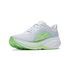 hoka clifton pro womens, fast lightweight cushioned road runing shoe, light blue and white with lime green details, inside angled profile of shoe