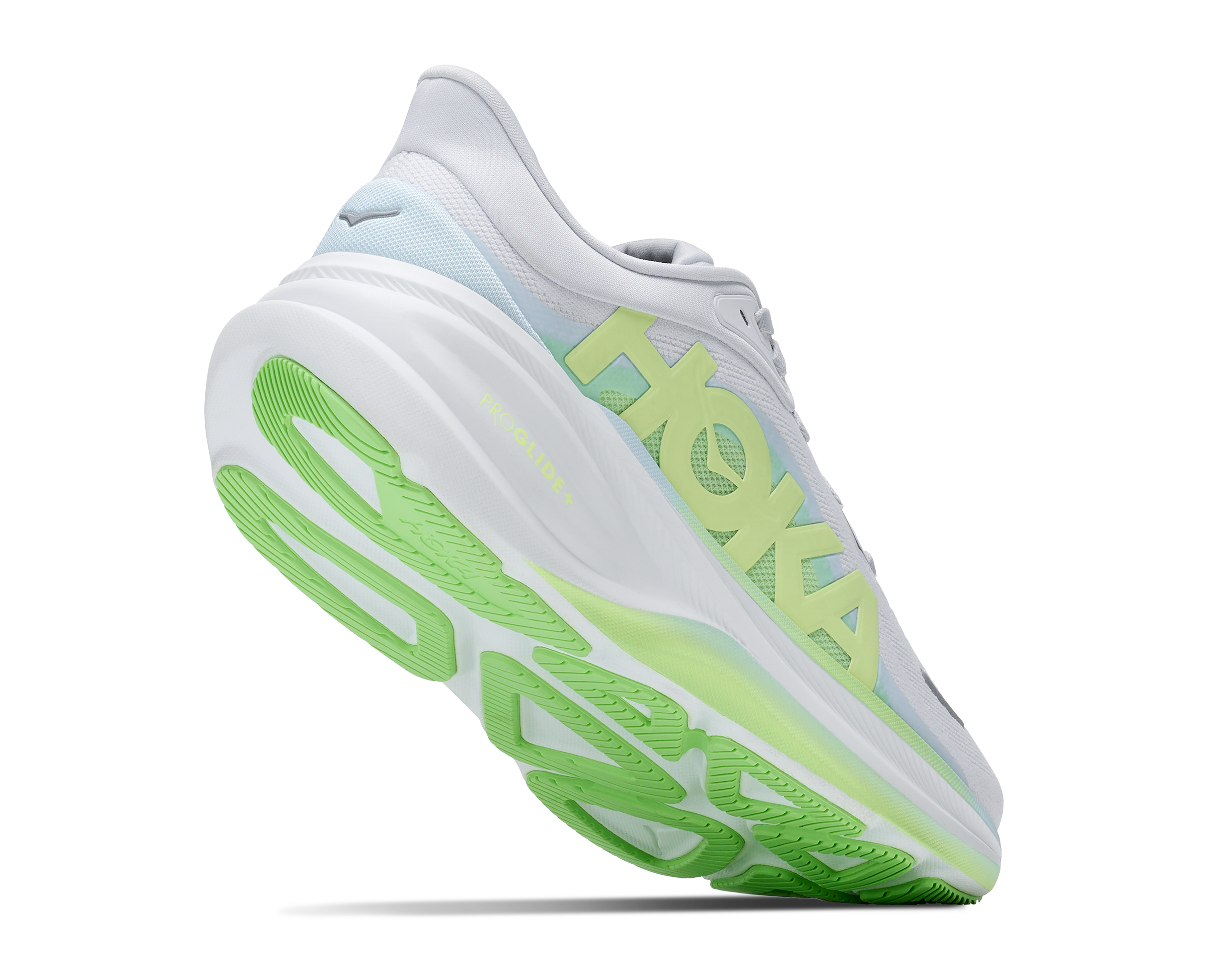 hoka clifton pro womens, fast lightweight cushioned road runing shoe, light blue and white with lime green details, heel of shoe lifted to show sole 