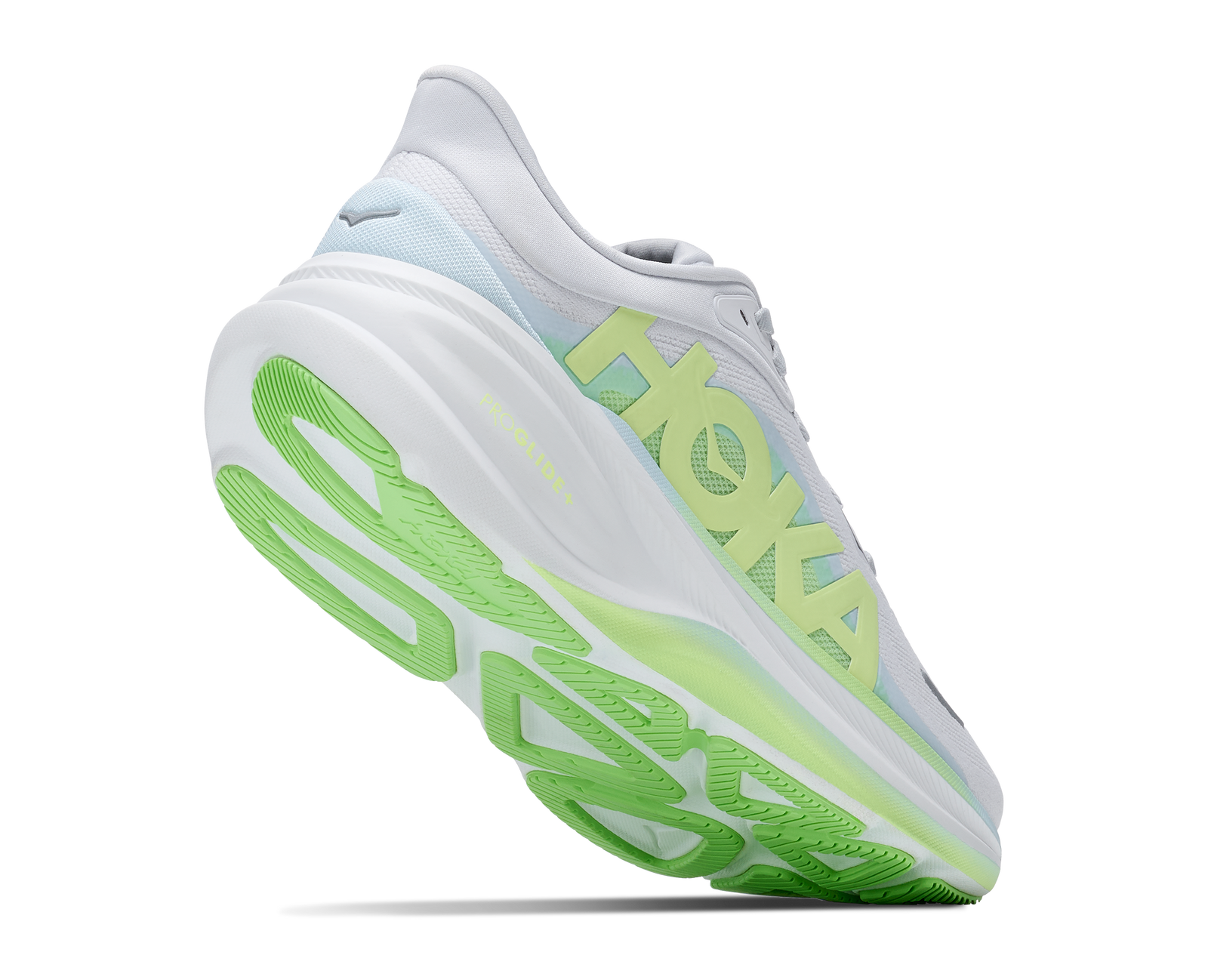 hoka clifton pro womens, fast lightweight cushioned road runing shoe, light blue and white with lime green details, heel of shoe lifted to show sole 
