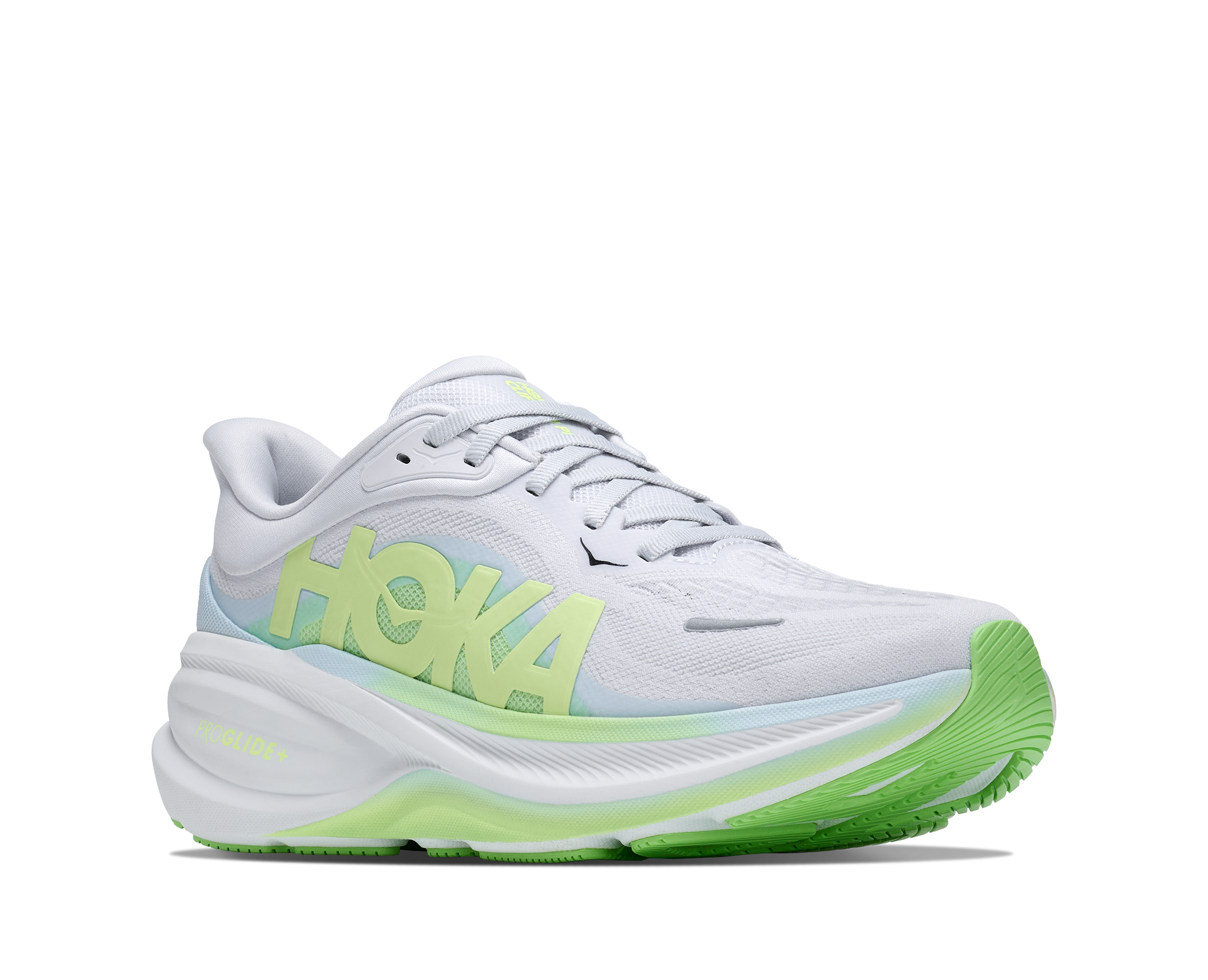 hoka clifton pro womens, fast lightweight cushioned road runing shoe, light blue and white with lime green details, side angled profile of shoe