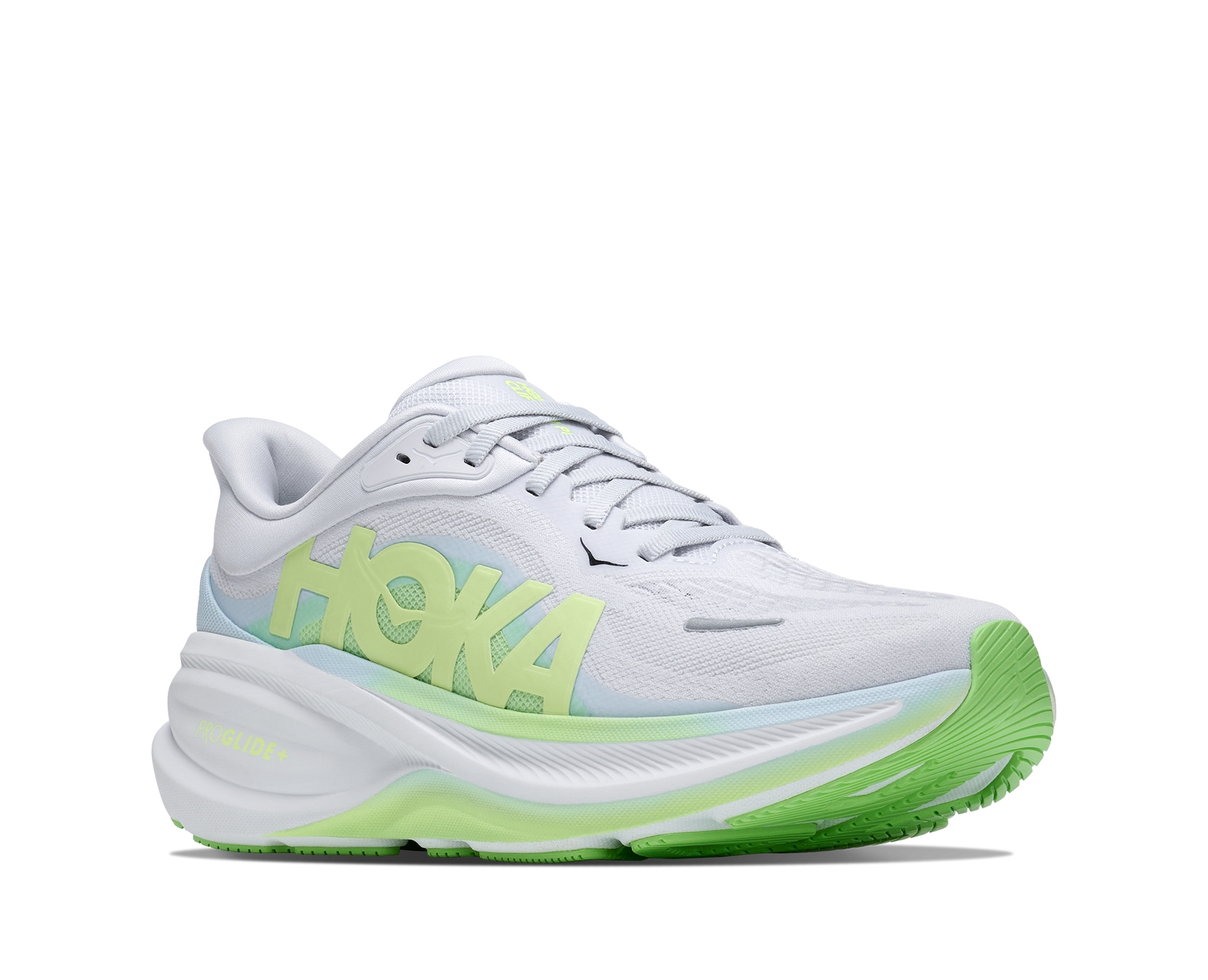 hoka clifton pro womens, fast lightweight cushioned road runing shoe, light blue and white with lime green details, side angled profile of shoe