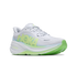hoka clifton pro womens, fast lightweight cushioned road runing shoe, light blue and white with lime green details, side angled profile of shoe