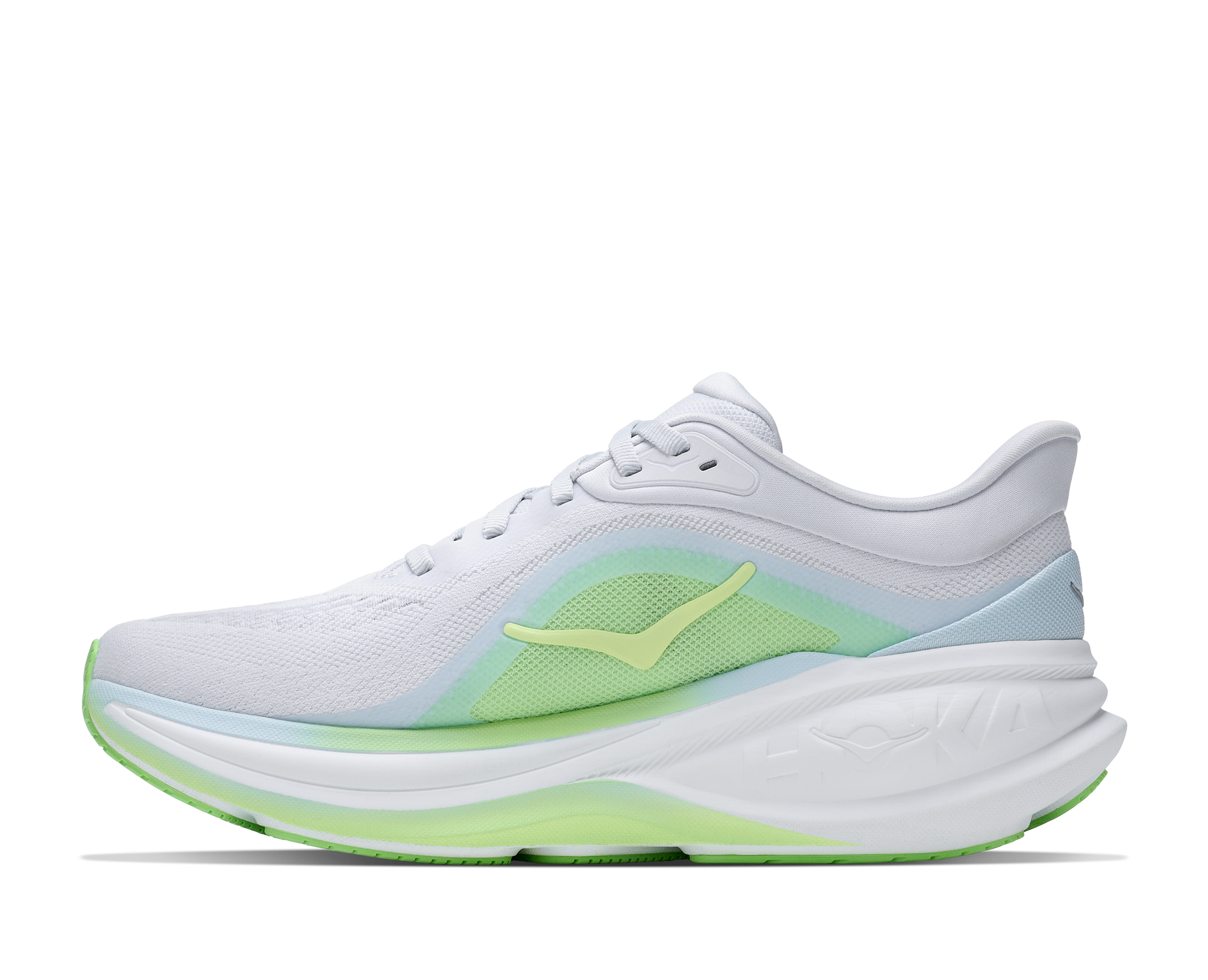 hoka clifton pro womens, fast lightweight cushioned road runing shoe, light blue and white with lime green details, inside profile of shoe