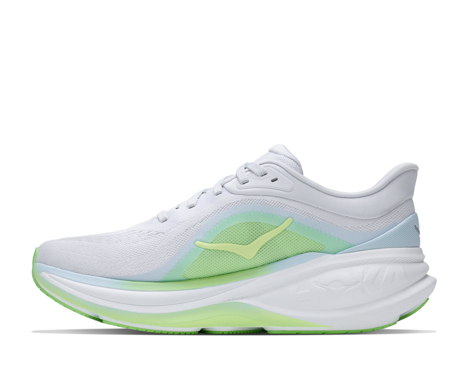 hoka clifton pro womens, fast lightweight cushioned road runing shoe, light blue and white with lime green details, inside profile of shoe