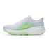 hoka clifton pro womens, fast lightweight cushioned road runing shoe, light blue and white with lime green details, inside profile of shoe