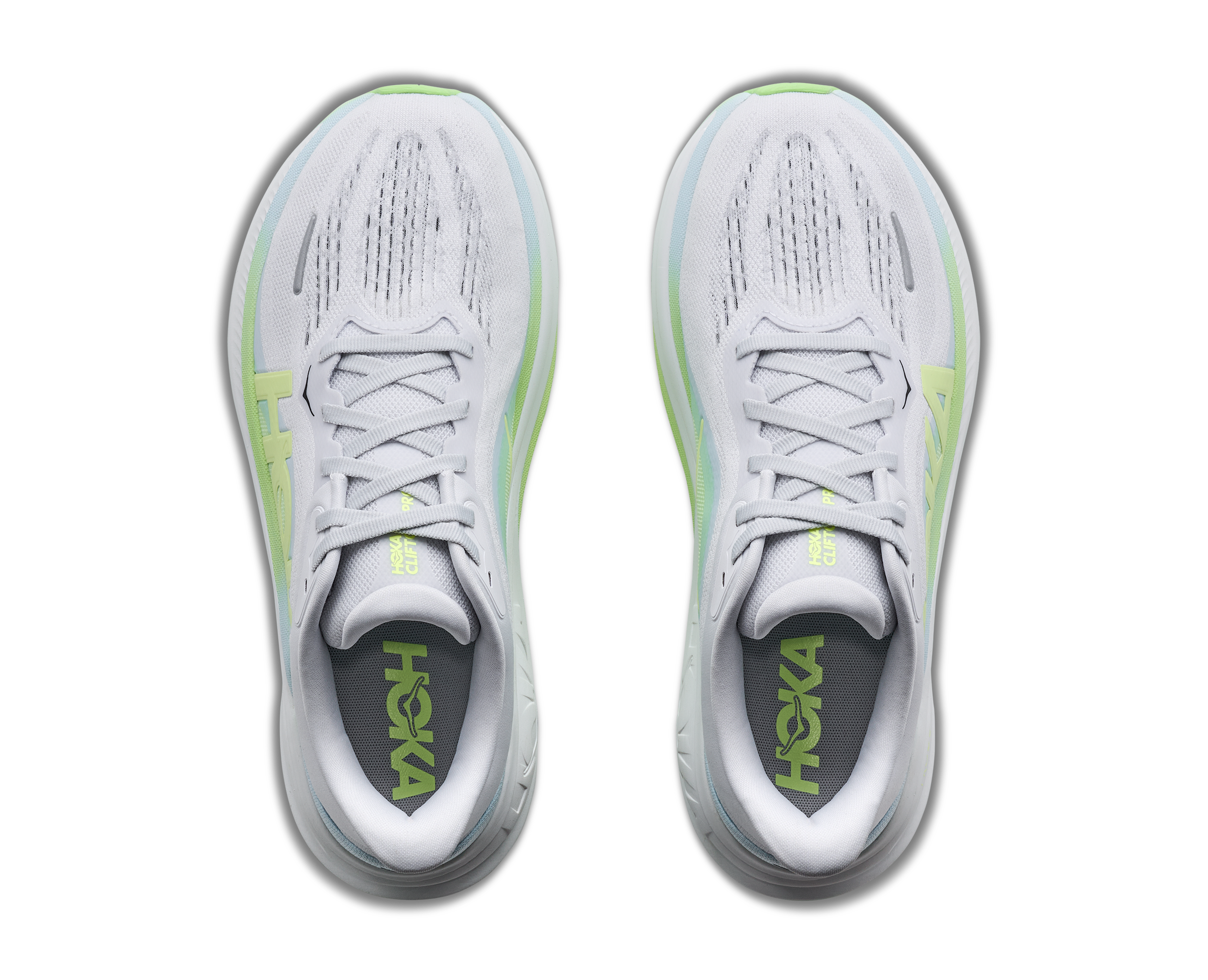 hoka clifton pro womens, fast lightweight cushioned road runing shoe, light blue and white with lime green details, top of shoes