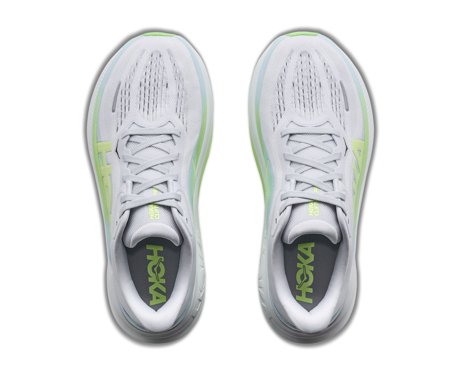 hoka clifton pro womens, fast lightweight cushioned road runing shoe, light blue and white with lime green details, top of shoes