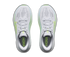 hoka clifton pro womens, fast lightweight cushioned road runing shoe, light blue and white with lime green details, top of shoes