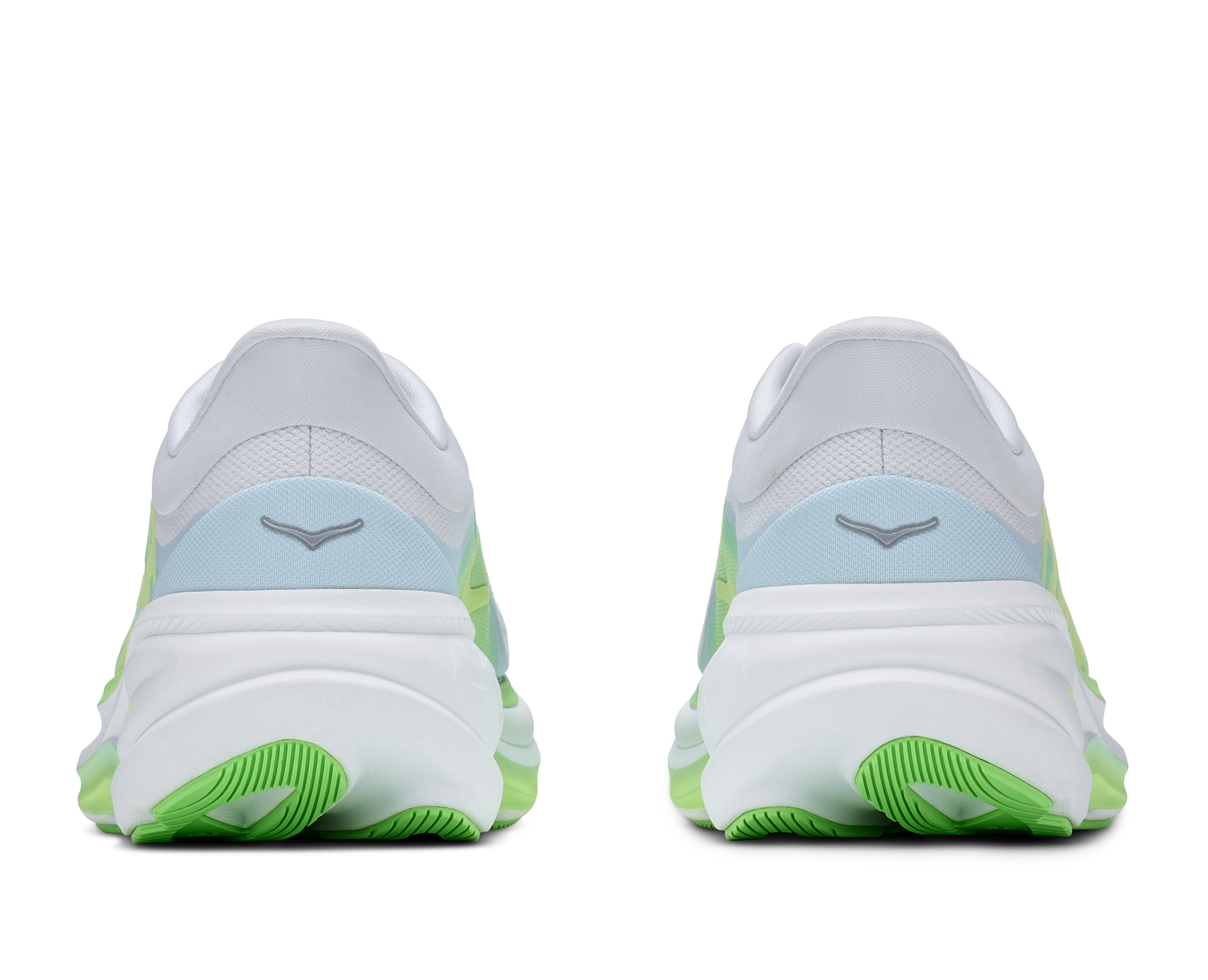 hoka clifton pro womens, fast lightweight cushioned road runing shoe, light blue and white with lime green details, heels