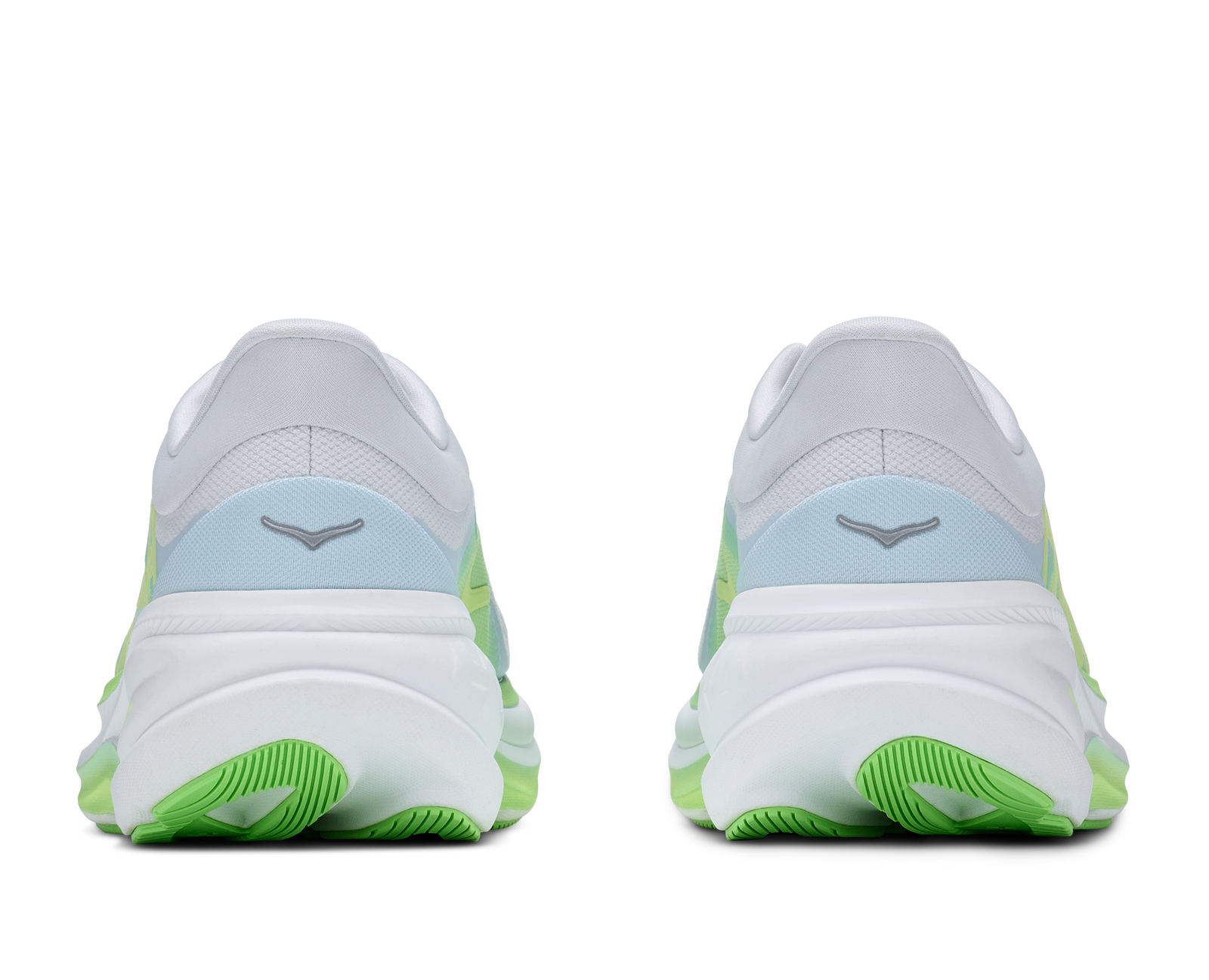 hoka clifton pro womens, fast lightweight cushioned road runing shoe, light blue and white with lime green details, heels