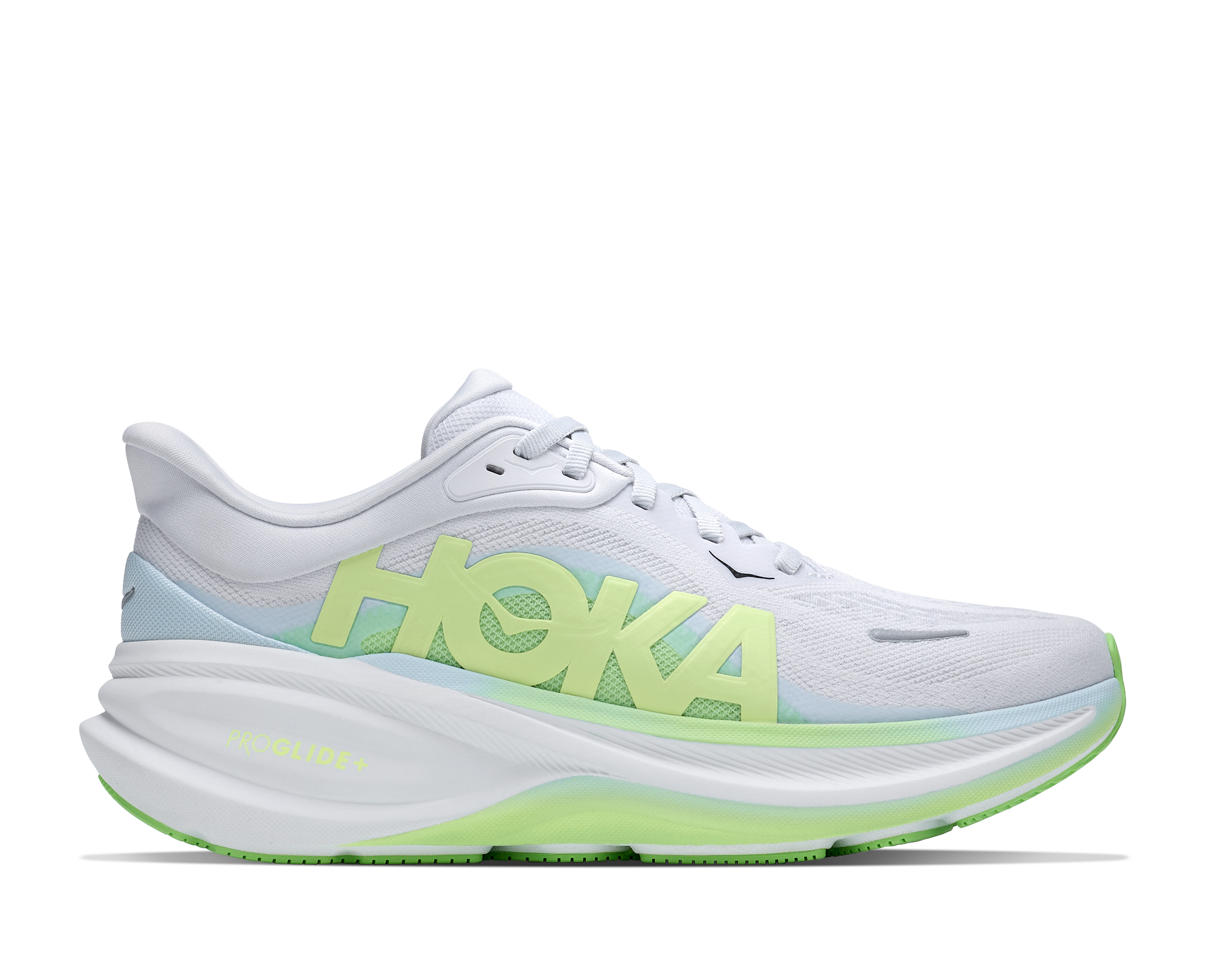 hoka clifton pro womens, fast lightweight cushioned road runing shoe, light blue and white with lime green details, side profile of shoe