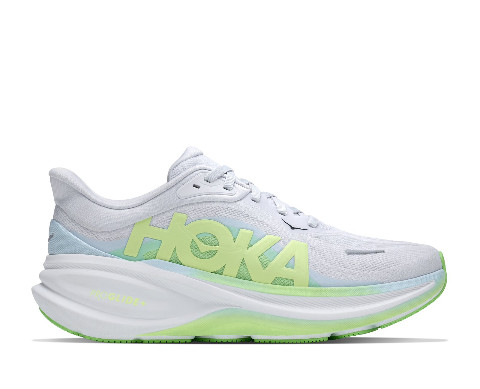 hoka clifton pro womens, fast lightweight cushioned road runing shoe, light blue and white with lime green details, side profile of shoe