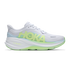 hoka clifton pro womens, fast lightweight cushioned road runing shoe, light blue and white with lime green details, side profile of shoe