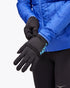 hoka coldsnap fleece glove, convertible running glove with hi vis cover, black with blue details, person wearing gloves wiht blue jacket