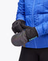 hoka coldsnap fleece glove, convertible running glove with hi vis cover, black with blue details, person wearing glove with hi vis mitten over fingers