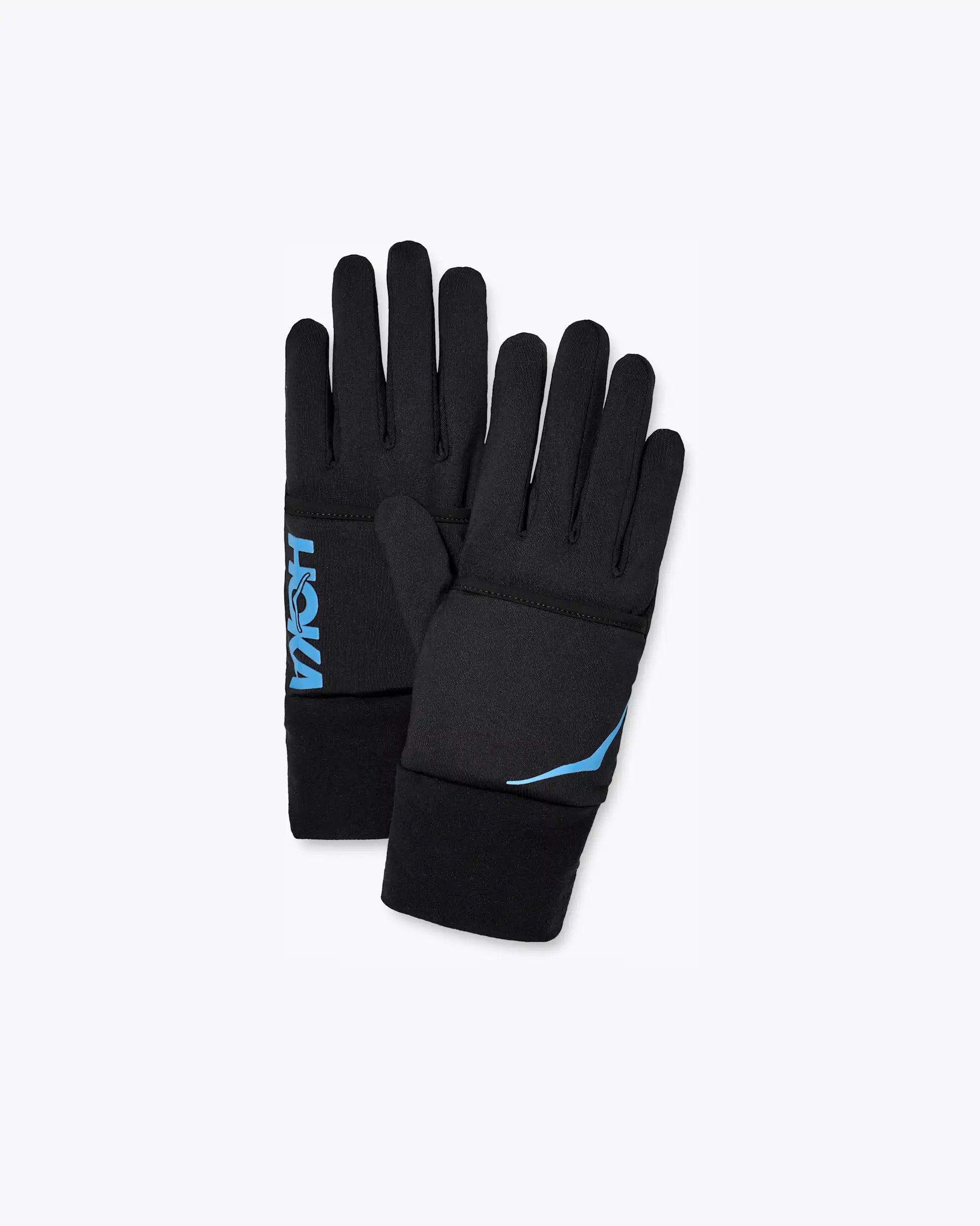 hoka coldsnap fleece glove, convertible running glove with hi vis cover, black with blue details, pair of gloves on white background