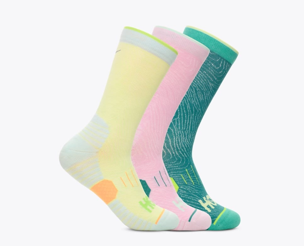 Hoka Crew Run Sock 3 Pack celery root pink twilight ocean colour side profile 