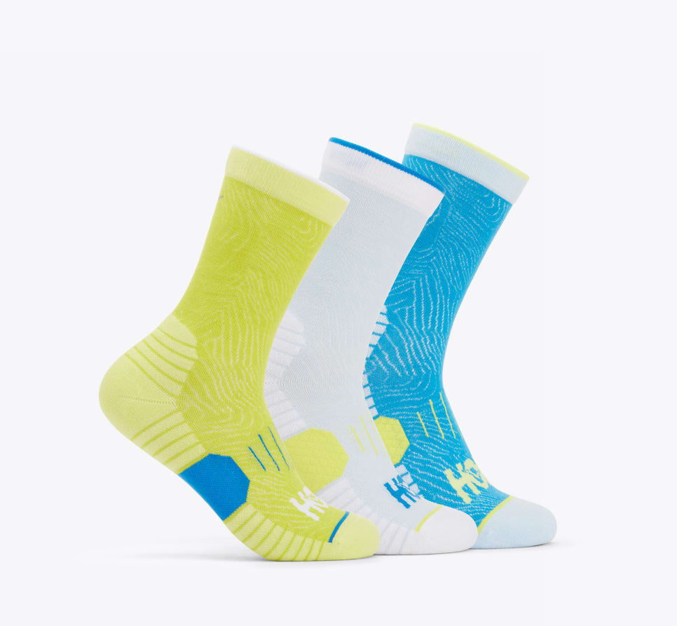 Hoka crew run sock 3 pack diva blue ice blue and evening side profile