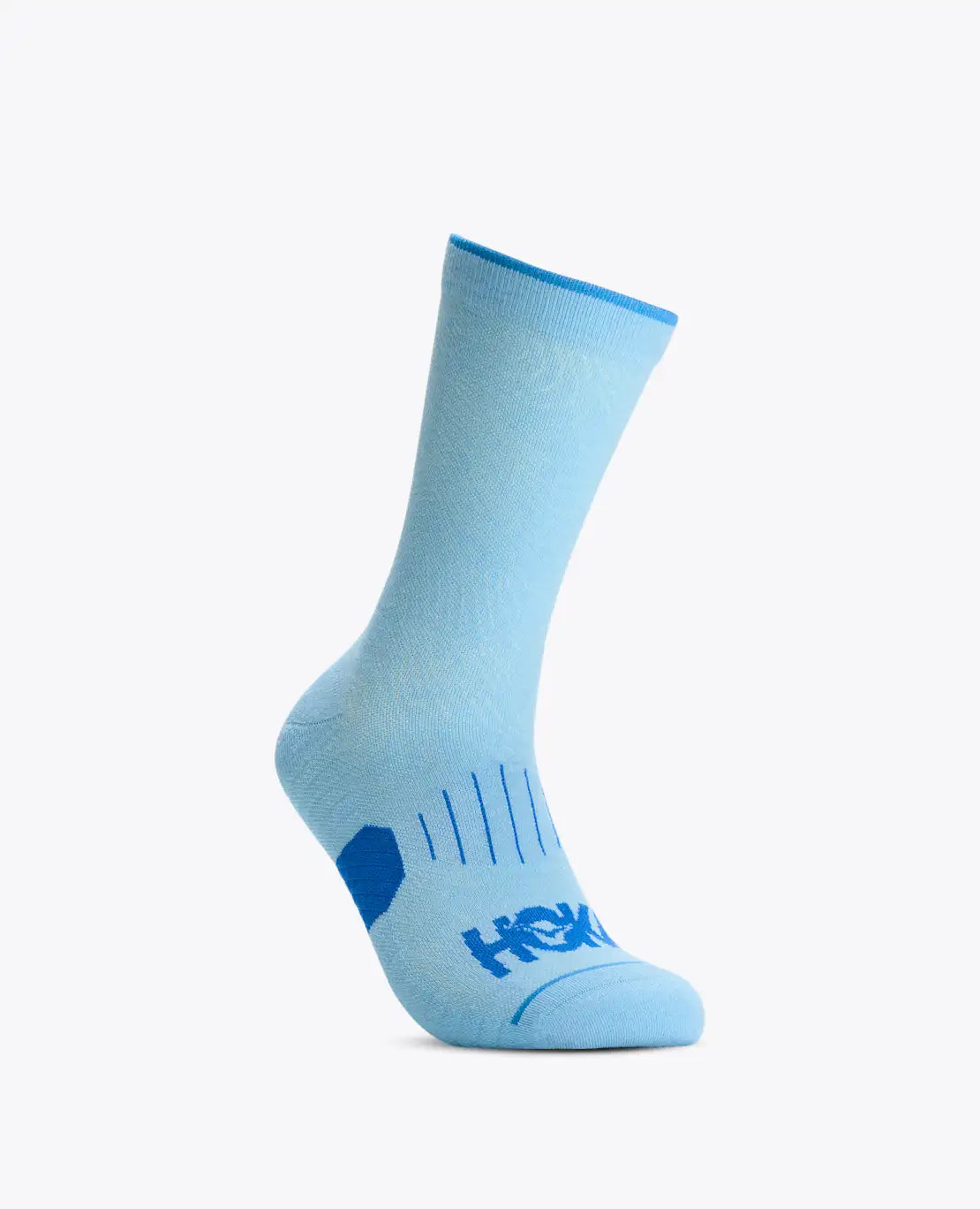 Front view of Hoka crew run sock in blue, part of a 3 pack