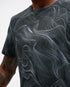 hoka everyrun men short sleeve shirt, lightweight and breathable running shirt with white wave line design on black tshirt, close up of shirt material
