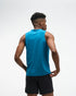 hoka everyrun tank top for men, light breathable running singlet , bright blue colour with silver reflective HOKA logo, back view of a man wearing hoka tank with black shorts