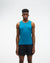 hoka everyrun tank top for men, light breathable running singlet , bright blue colour with silver reflective HOKA logo, full body profile of a man wearing hoka tank with black shorts