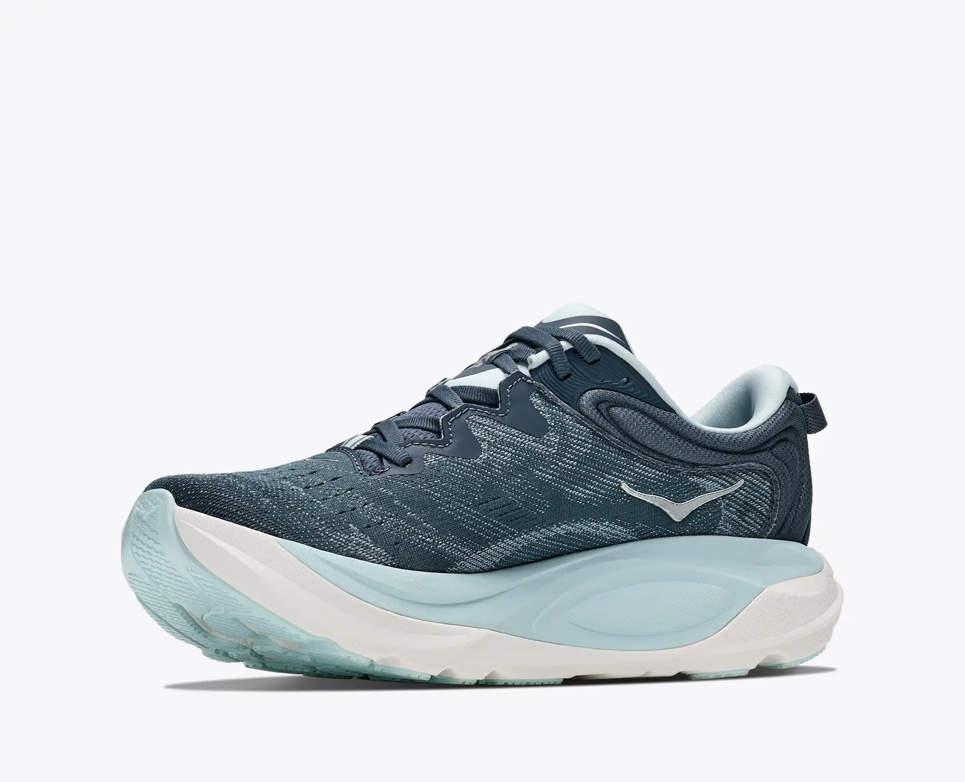 hoka gaviota 6 for women, cushioned stability shoe for road running and walking, navy colour with light blue details, side profile of shoe on a white background