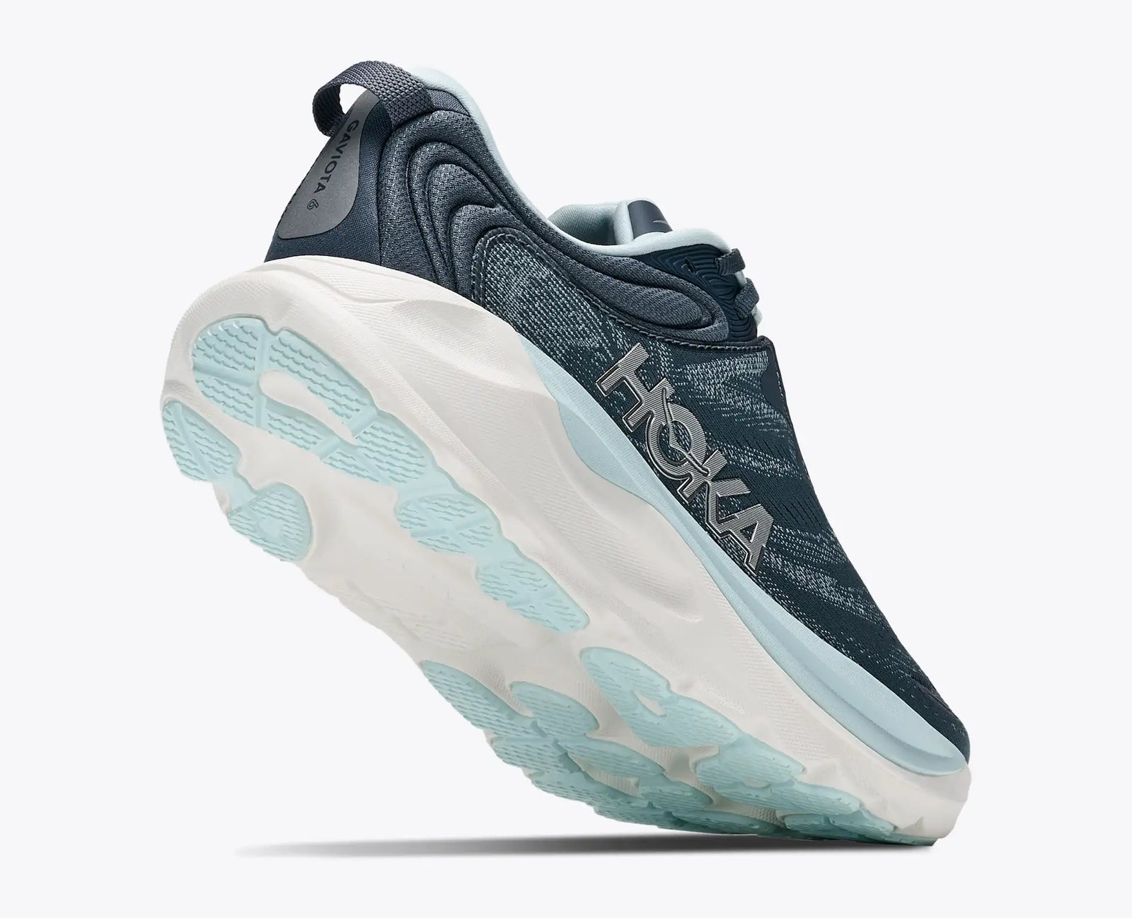 hoka gaviota 6 for women, cushioned stability shoe for road running and walking, navy colour with light blue details, side profile of shoe on a white background