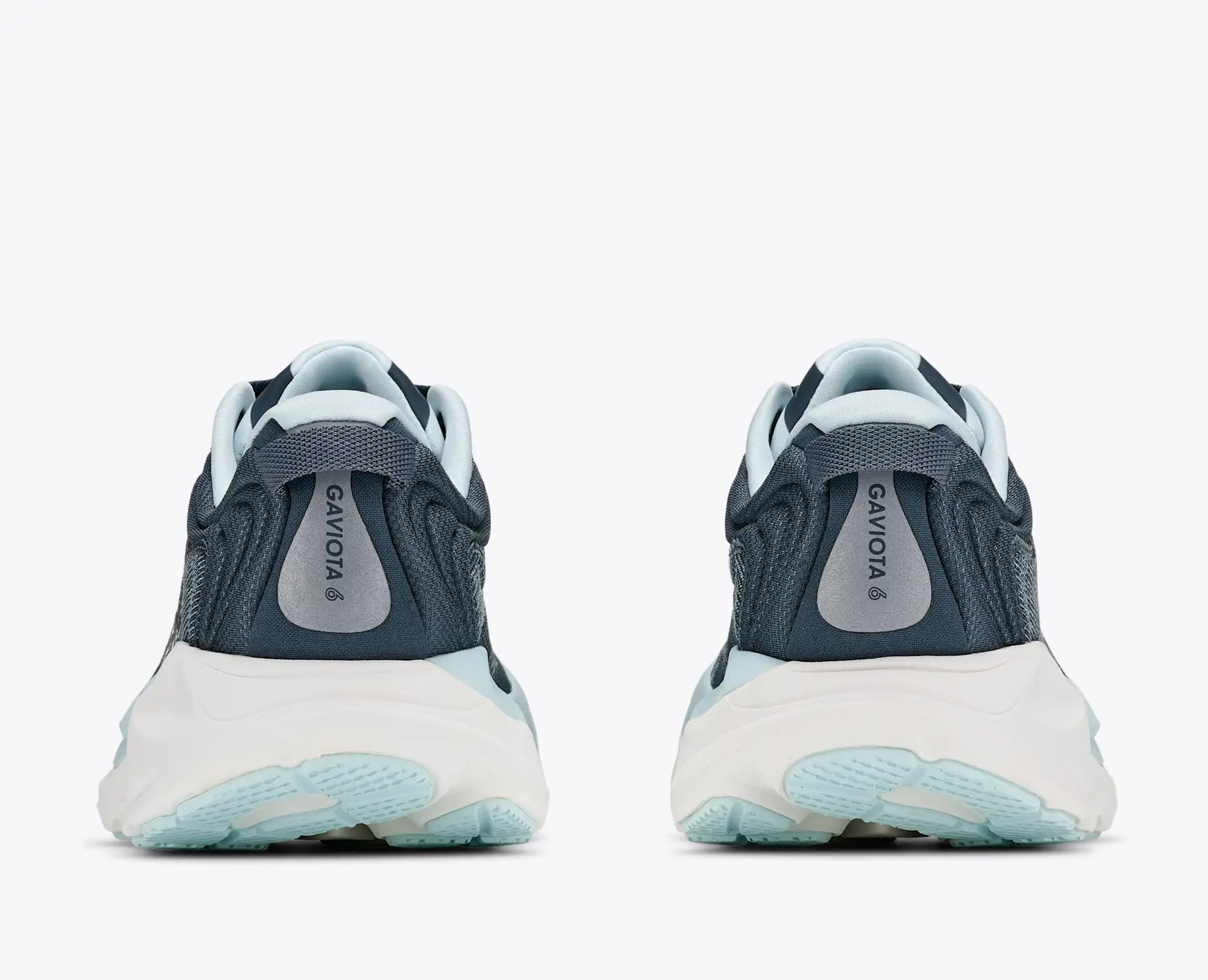 hoka gaviota 6 for women, cushioned stability shoe for road running and walking, navy colour with light blue details, back profile of both shoes on a white background