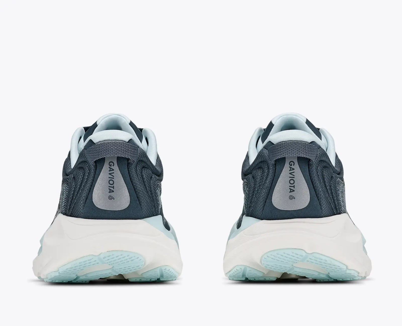 hoka gaviota 6 for women, cushioned stability shoe for road running and walking, navy colour with light blue details, back profile of both shoes on a white background